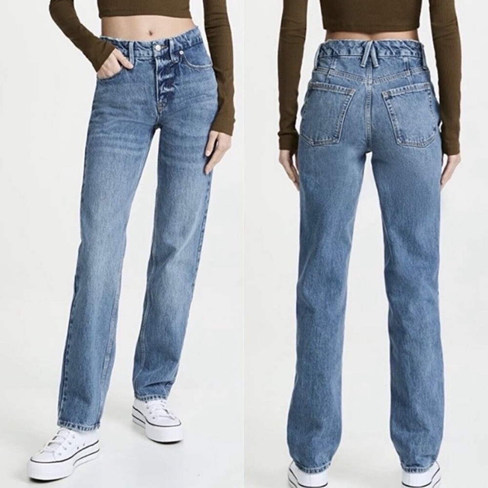Good American Good Icon Straight Leg High Rise Asymmetrical Button Jeans